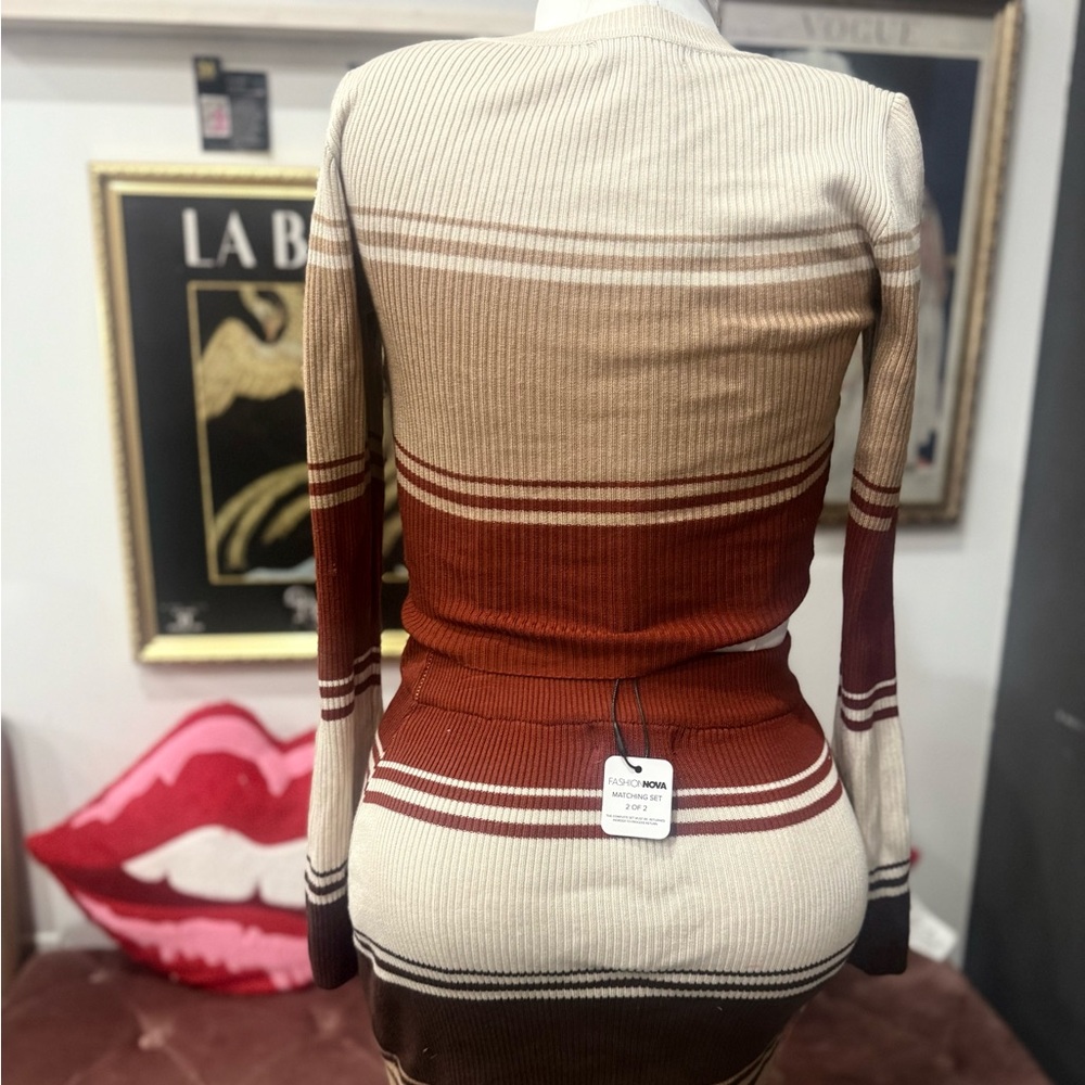 Fashion Nova Striped Women's Sweater set Cream, Brown, and Red